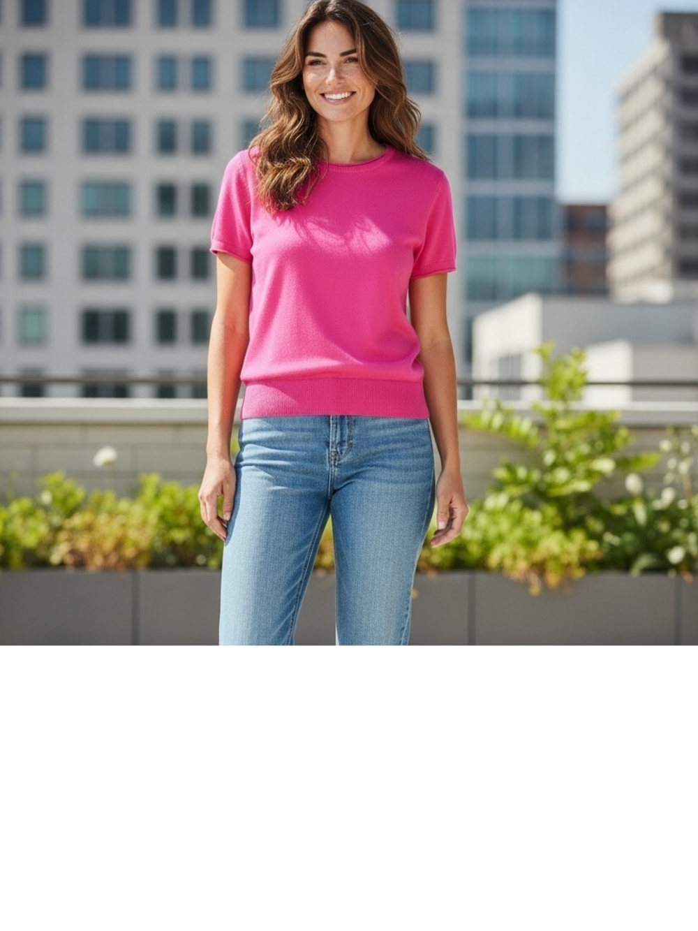 J. Crew Cashmere Bright Pink Short-Sleeve Crewneck Sweater- Tee